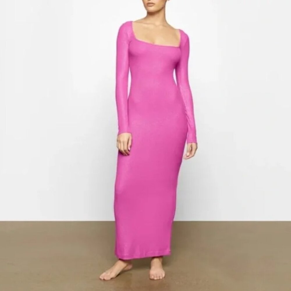 SKIMS Fuchsia Foil Soft Lounge Shimmer Long Sleeve Maxi Dress NWT 2X